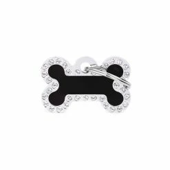 MyFamily Medaglietta Per Cani Personalizzabile Glam Osso Nero Piccolo Strass