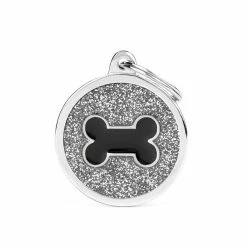 MyFamily Medaglietta Shine Per Cani Personalizzabile Cerchio Grande Glitter Grigio Osso Nero